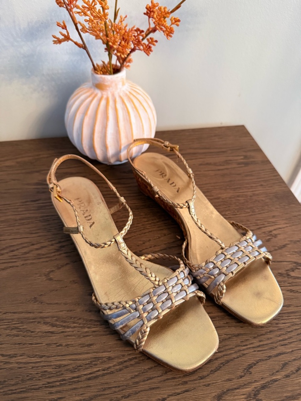 Vintage Authentic Prada Gold Braided Slingback Sandals